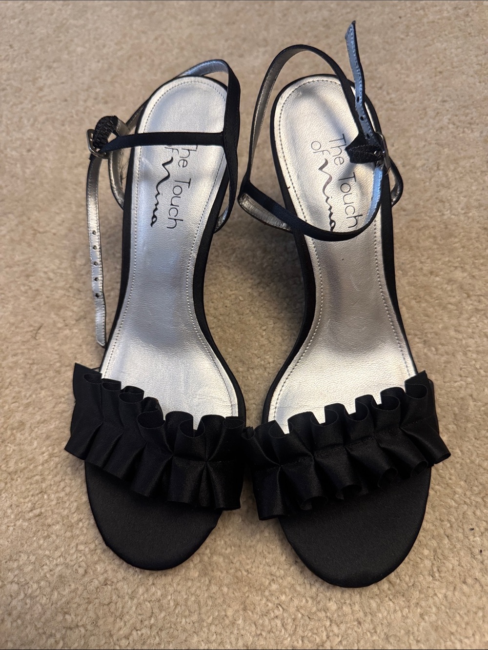 Touch of Nina Black Ruffle Ankle-Strap Heels